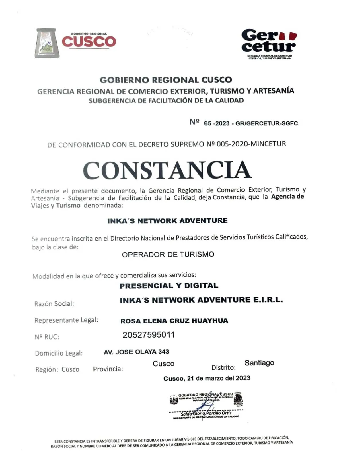 GERCETUR tourism operating licence